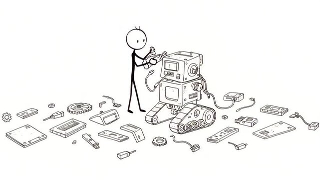 animated line figure character building a robot