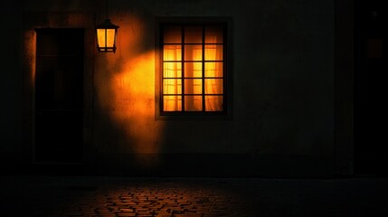 A warmly illuminated exterior with a hanging lantern at night
