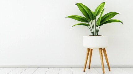 A potted plant displayed against a bright white wall indoors