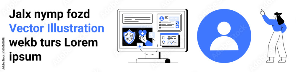 Poster computer screen displaying analytics, graphs, and security options. a profile icon and person pointi
