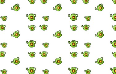 Seamless pattern of cartoon illustration of a green watering can with flower decoration with flat design.