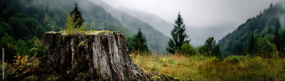 Poster Tree stump representing environmental damage and forest decline concept. A serene landscape featuring a tree stump in a misty forest.