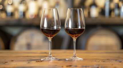 Two wine glasses with red liquid on a wooden table - A cozy moment of shared indulgence