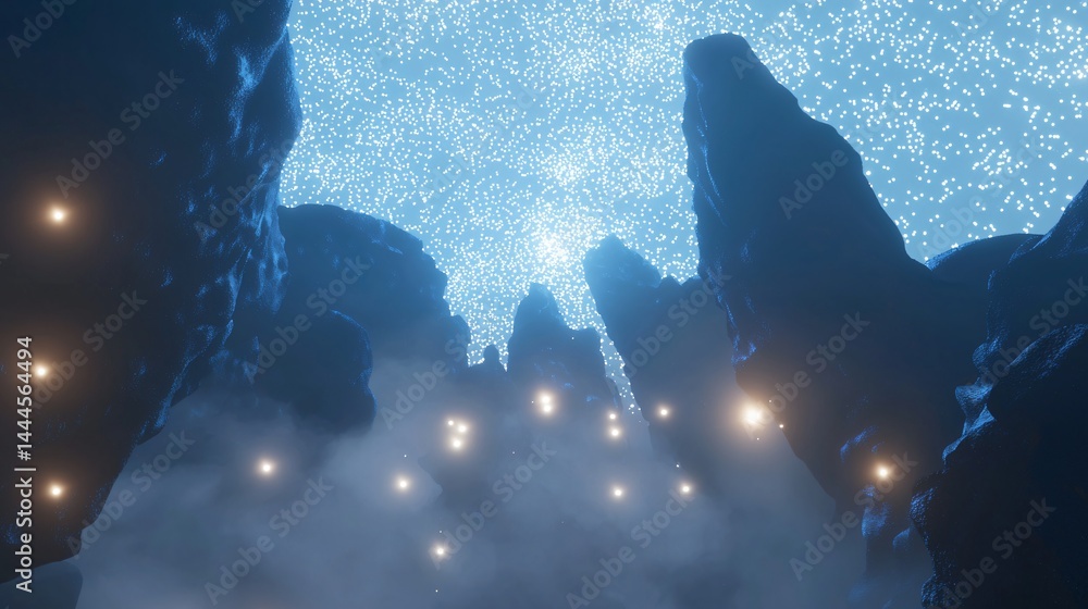 Aufkleber enchanting cave under a starry sky with cosmic patterns and ethereal atmospheric fog illuminating th