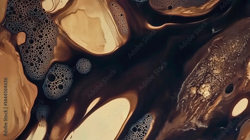Poster moody brown and black liquid swirling together in a wide shot creating intriguing shadow play and un