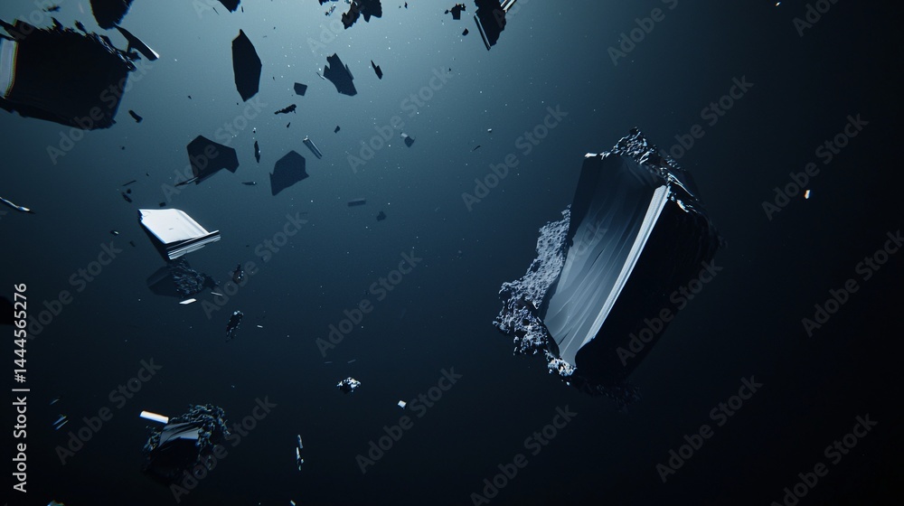 Poster a broken cell floating in space surrounded by cosmic debris fields with a diffused glow illuminating