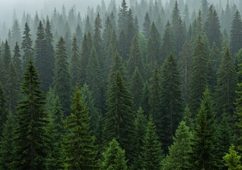 Fototapeta premium A dense forest of evergreen trees stretching into the distance under a foggy sky overhead view