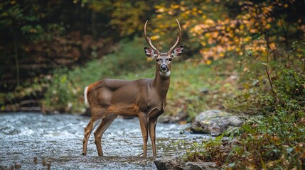 Majestic buck standing in a woodland stream.