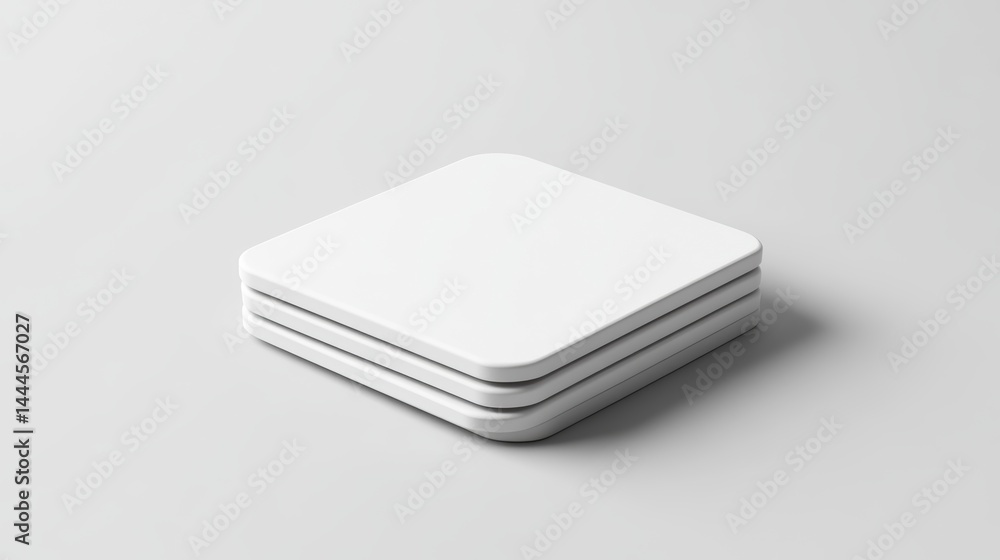 Poster three white square objects stacked on a light gray surface.