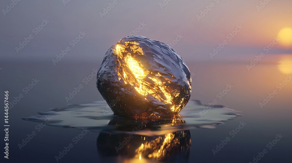 Poster a serene and tranquil rock formation surrounded by calm waters with abstract artistic elements and d
