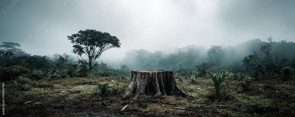 Poster tree stump representing environmental damage and forest decline concept. a misty forest landscape fe