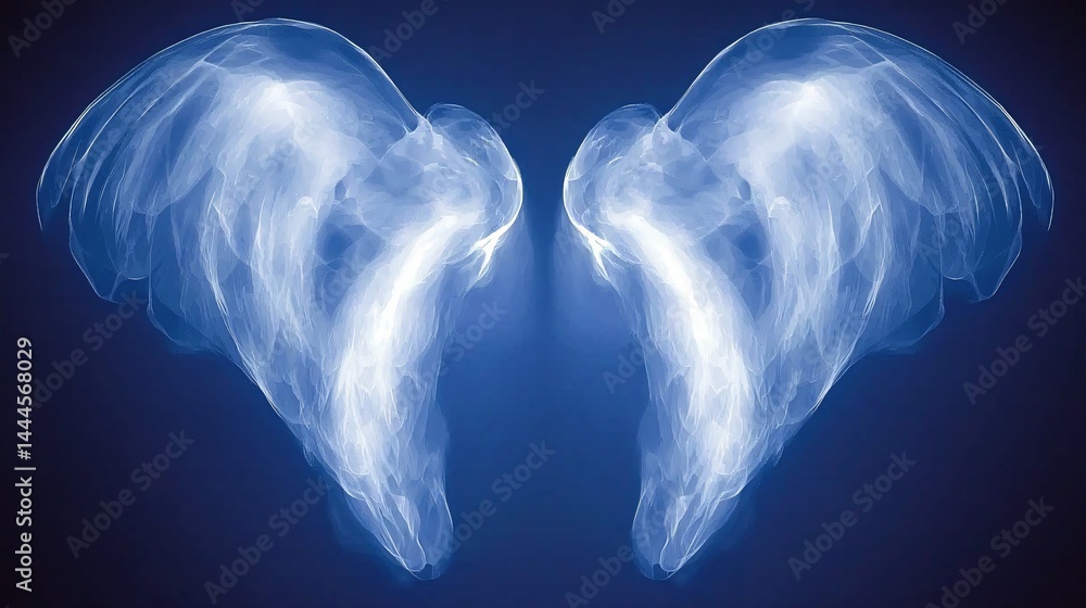 Poster ethereal two angel wings presented in abstract art style with random symmetry and harsh lighting cre