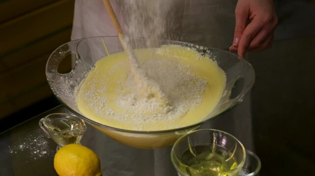 cheff Hands kneading dough on table preparing bread pastry yeast flour Cooking food concept background slow motion. High quality 4k footage