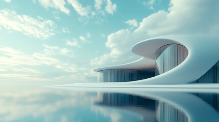 Futuristic architectural design reflecting on tranquil waters.