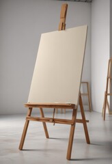 Wooden easel legs and base supporting a large blank canvas in a studio setting ,  illustration,  texture,  setting