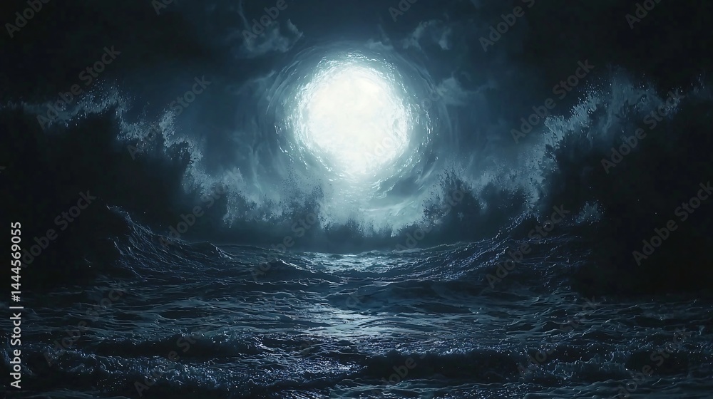 Poster dark ocean waves under a full moon creating a mysterious and serene atmosphere with a reflective sur