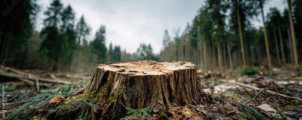 Poster tree stump representing environmental damage and forest decline concept. a close-up of a tree stump 