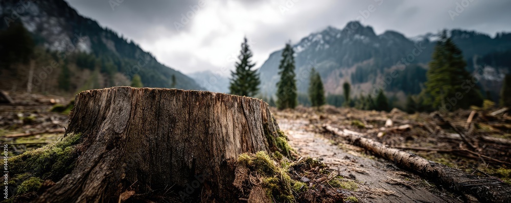 Poster Tree stump representing environmental damage and forest decline concept. A serene view of a tree stump in a forested mountain area.