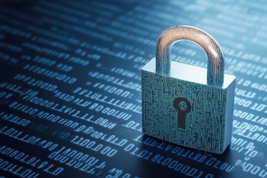 A metallic padlock rests atop a digital matrix of binary code, symbolizing cybersecurity and data protection