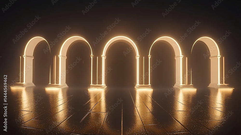 Poster arches in a dark room illuminated by golden light creating an enigmatic atmosphere filled with shado