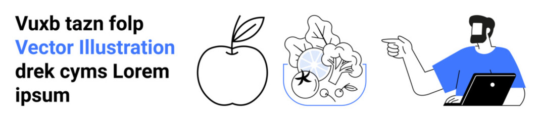 Hand-drawn apple, bowl of vegetables, and man using a laptop. Ideal for health, lifestyle, diet, technology, education remote work wellness. Perfect for a flat landing page banner
