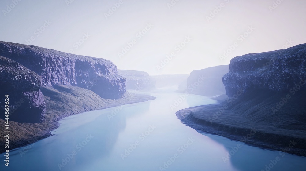 Poster majestic river flowing through rugged mountain landscape with soft light filtering through clouds cr