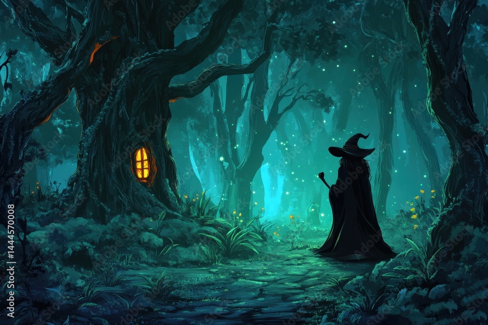 Poster forest witch stands in a mystical realm surrounded by trees and glowing lights at twilight, animatio