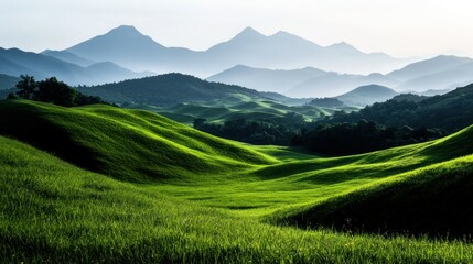 Obraz premium A scenic landscape of rolling green hills and distant mountains