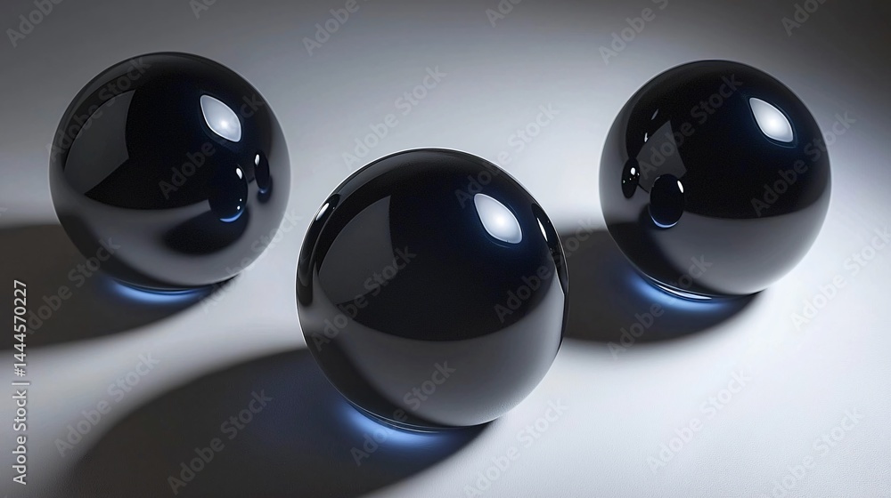 Poster three spheres resting on a white surface with light reflections creating a minimalist and modern aes