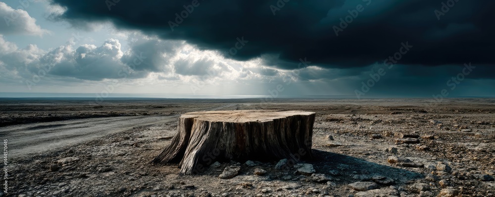 Poster Tree stump representing environmental damage and forest decline concept. A stark tree stump in a barren landscape under dark stormy skies.