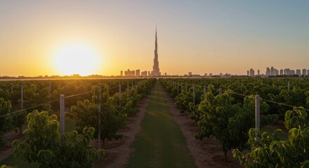 Fototapeta premium Sunset over agricultural field with distant city skyline