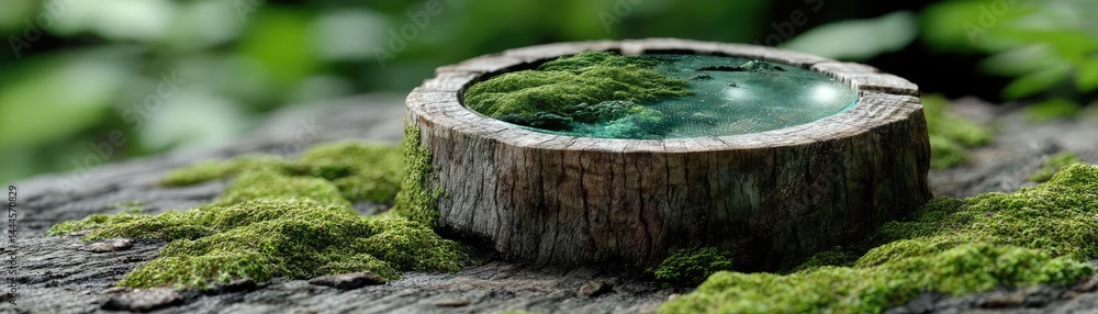 Poster Tree stump exposing illegal forest damage and biodiversity loss concept. A tranquil scene featuring a moss-covered log with water reflection.