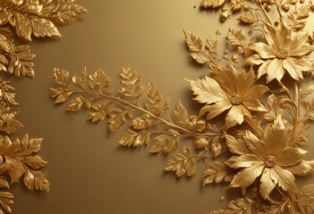 Golden floral motif, intricate leaf details on shimmering gold background ,  botanical,  image
