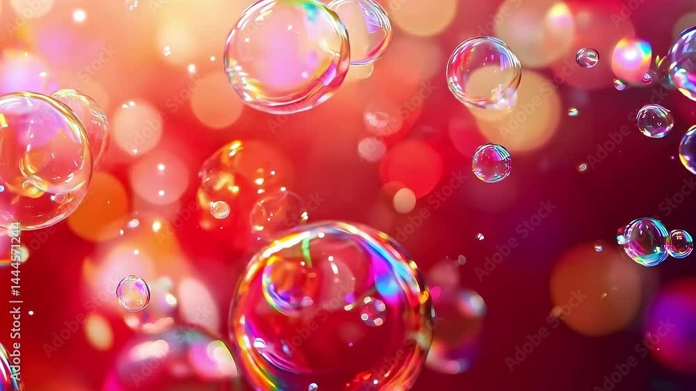Poster colorful bubbles floating in bokeh background