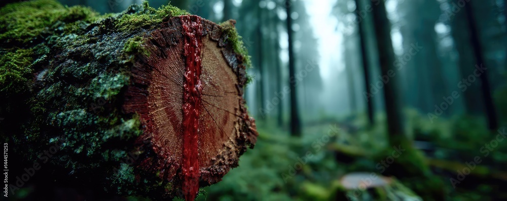 Aufkleber tree stump reflecting deforestation and climate change crisis concept. close-up view of a mossy tree