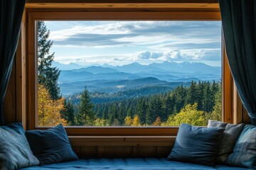Comfortable view of mountains from a cozy cabin during a serene afternoon, beautiful comfortable views of the mountains in the distance