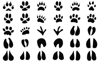 Webwildlife, beasts, footprints, trails, vector, animals, footmarks, paws, prints, cow, bear, goat, sheep, avian, creatures,
 deer, fox, black, paw, white, background, pattern, set, icon, imprint, foo