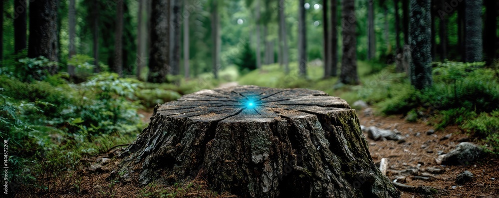 Poster tree stump exposing illegal forest damage and biodiversity loss concept. a mystical blue glow emanat