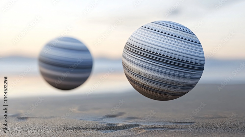 Poster surreal scene of two spheres resting on a beach in a dreamlike ambient light setting evoking a sense