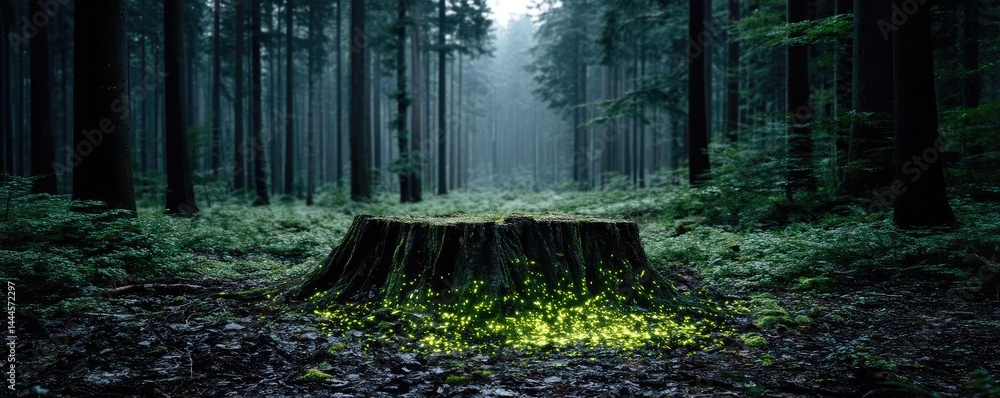 Poster tree stump exposing illegal forest damage and biodiversity loss concept. a serene forest scene featu