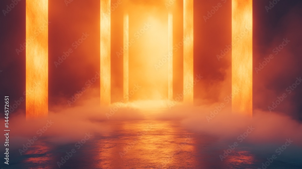 Poster intense, glowing columns illuminate a hazy path.