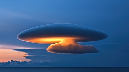 Obraz premium A dramatic lenticular cloud formation glows above the horizon at dusk