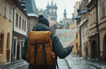 Solo backpacker looking at map in old European town,