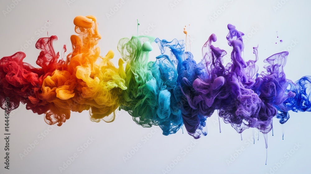 Poster Vibrant rainbow-colored ink swirling in water, creating abstract shapes and patterns.