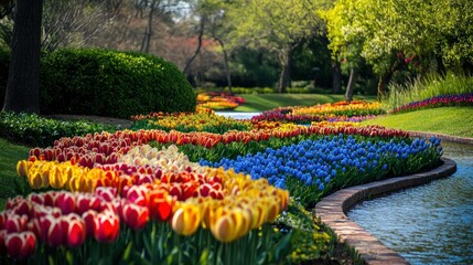 Colorful tulips and blue flowers in a beautiful garden setting