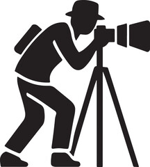 A black silhouette shows a photographer with a camera and tripod, seemingly a professional cameraman at a studio or shooting video