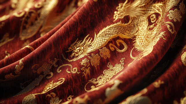 Luxurious velvet curtain with gold dragon motifs illuminated by soft light, showcasing intricate details and dramatic folds in a refined interior space