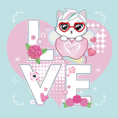 Text love and cute cat with wings.