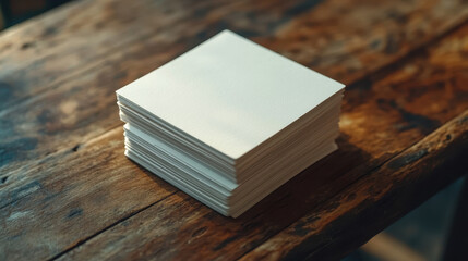 Pile of minimalist business cards with embossed logos scattered artfully on a rustic wooden desk, illuminated by soft natural light in an office setting