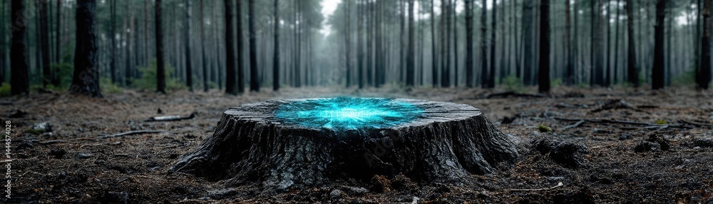 Poster tree stump reflecting deforestation and climate change crisis concept. a mystical blue light emanate